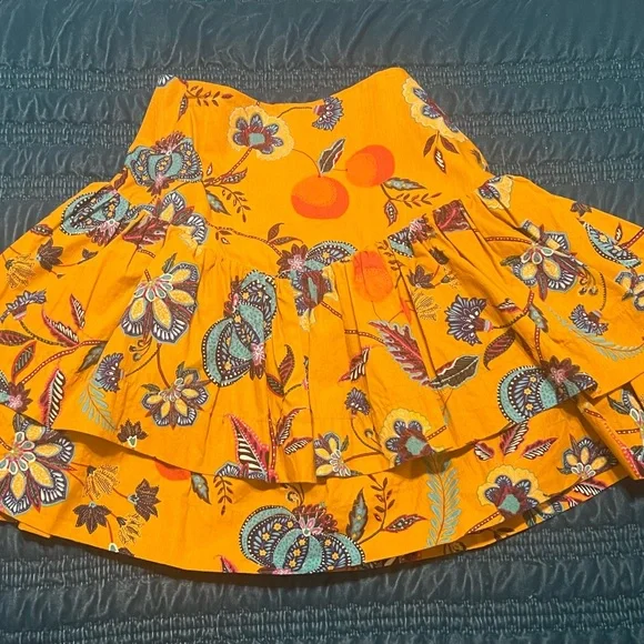 Maeve Anthropologie A-Line Tiered Floral Orange Golden Mini Skirt - Picture 3 of 3